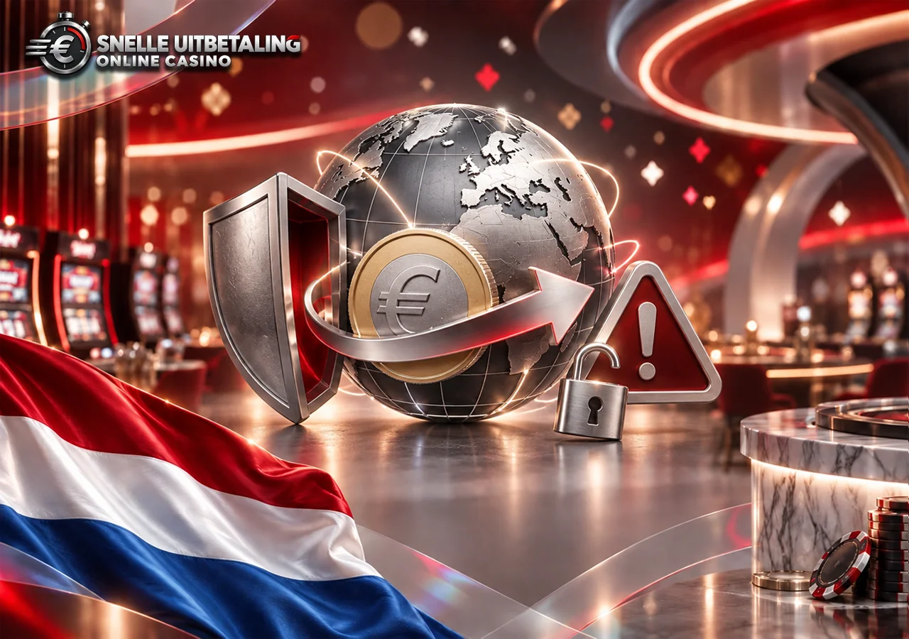 Risico’s bij buitenlandse aanbieders met wereldbol, waarschuwing, slot en bescherming van saldo.